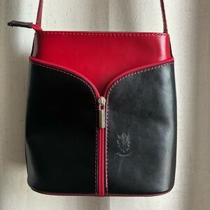 Genuine Leather Black Red Crossbody Bag Small Minimal Zip Purse Vintage